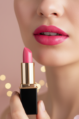 A close-up of a model's lower face wearing #03 Azalea lipstick, holding an open pink lipstick tube with a gold collar and black base against a soft pink background with blurred gold bokeh lights.
