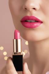 A close-up of a model's lower face wearing #03 Azalea lipstick, holding an open pink lipstick tube with a gold collar and black base against a soft pink background with blurred gold bokeh lights.