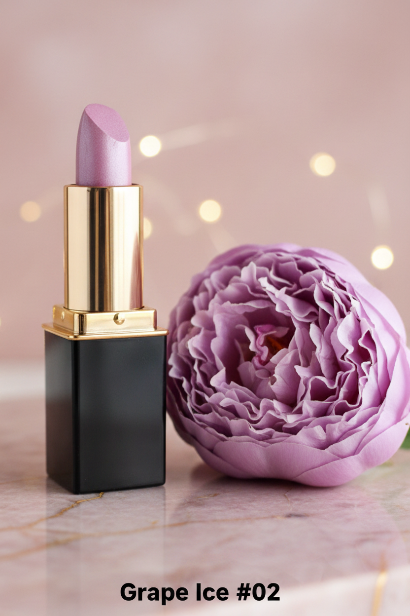 #02 Grape Ice Lipstick styled with lavender peony blossom and bokeh lights in the background