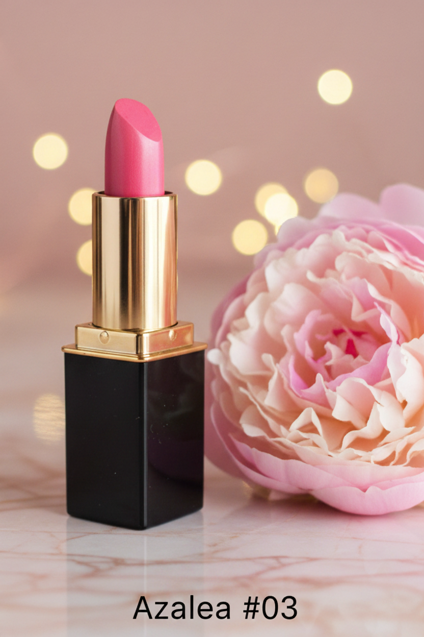 #03 Azalea lipstick with a black square tube and gold collar stands on a marble surface next to a large pink peony flower, with soft golden bokeh lights in the background.