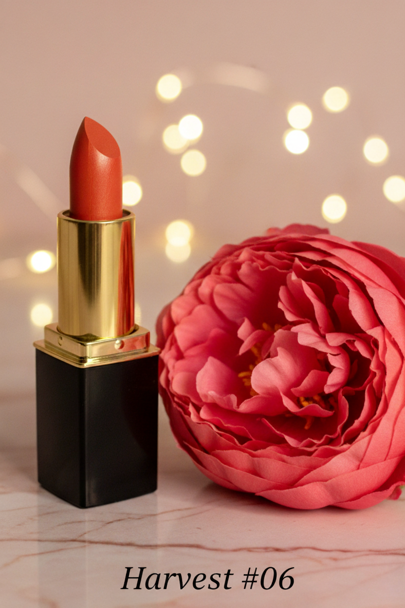 #06 Harvest lipstick with a black and gold accents stands on a light marble surface beside a large pink flower, with warm blurred fairy lights in the background.