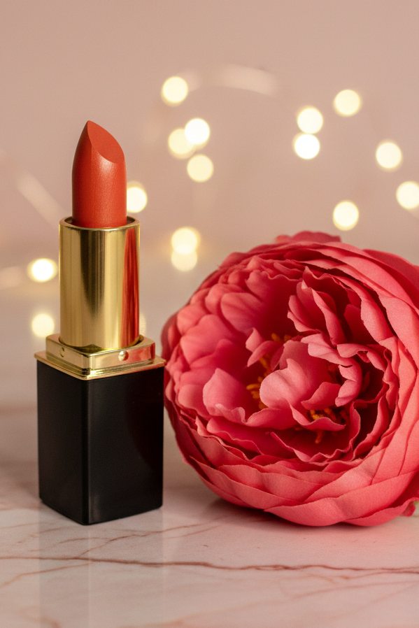 #06 Harvest lipstick with a black and gold accents stands on a light marble surface beside a large pink flower, with warm blurred fairy lights in the background.