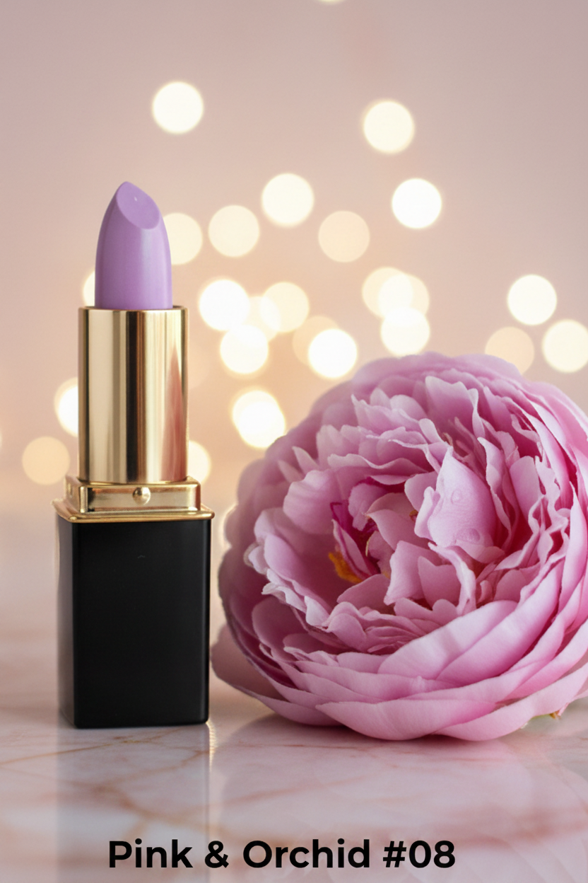 #08 Pink & Orchid lipstick with a black and gold tube stands next to a large pink peony flower on a light marble surface, with warm bokeh lights in the background.