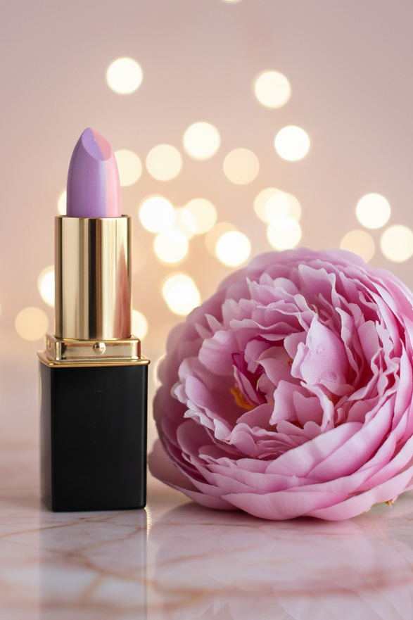 #08 Pink & Orchid lipstick with a black and gold tube stands next to a large pink peony flower on a light marble surface, with warm bokeh lights in the background.
