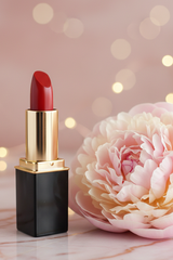 #22 Mulburry L'Paige Lipstick styled next to a peony blossom with a rose gold background and bokeh lights