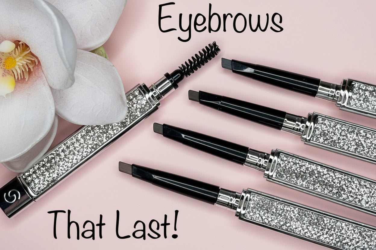 La Paz Cosmetics Luxe Crystal Eyebrow Pencil collection showing all 4 shades open with spoolie ends and crystal-encrusted cases on a pink background with a white orchid — Eyebrows That Last