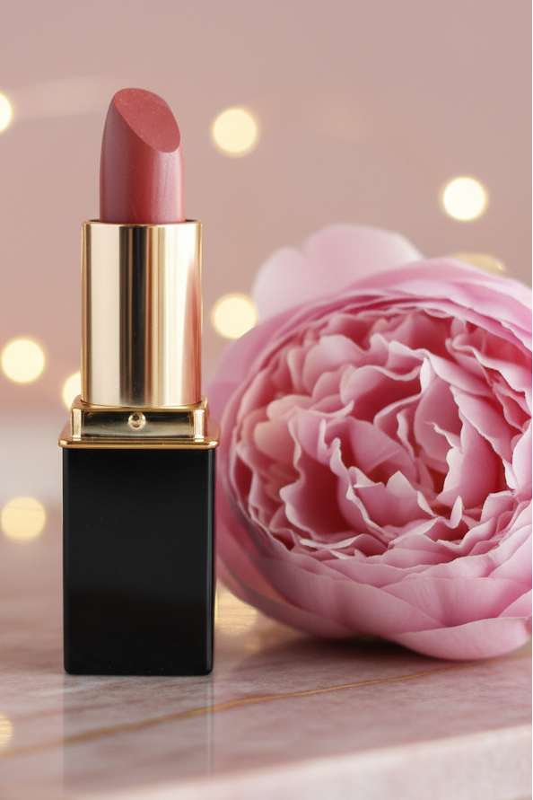 #29 Iced Mocha tube with a black square tube, and gold collar, stands beside a large pink peony flower on a light marble surface with warm bokeh lights in the background.