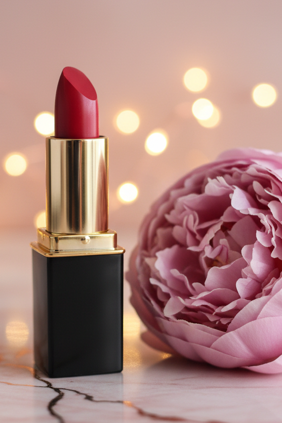 L'Paige lipstick in #30 Passion Berry in a black tube with a  shiny gold collar, styled next to a large pink peony flower on a light marble surface with warm bokeh lights in the background.