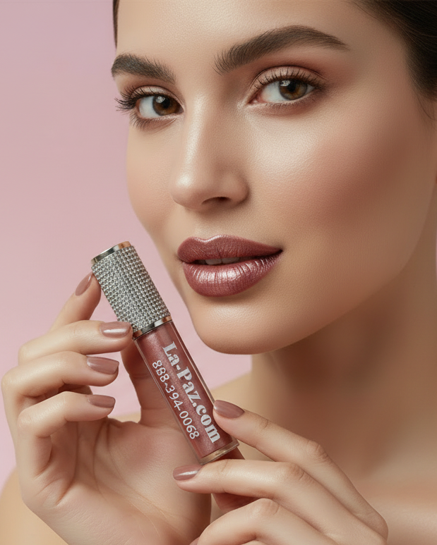 Woman holding Goddess metallic matte liquid lipstick  with a pink background