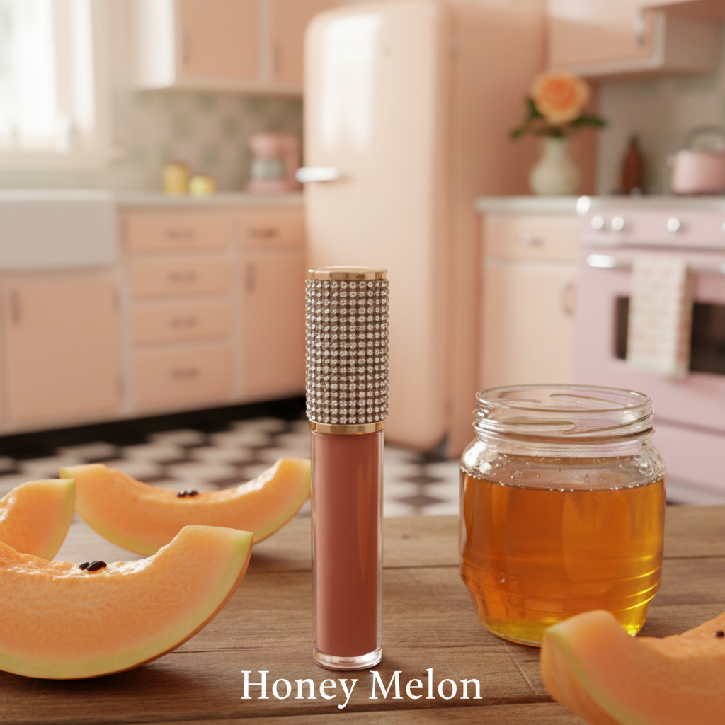 La Paz Cosmetics M13 Honey Melon Diamond Liquid Matte Lipstick tube with rhinestone cap on a rustic wood table beside a jar of golden honey and fresh cantaloupe melon slices, with a vintage pink kitchen in the background