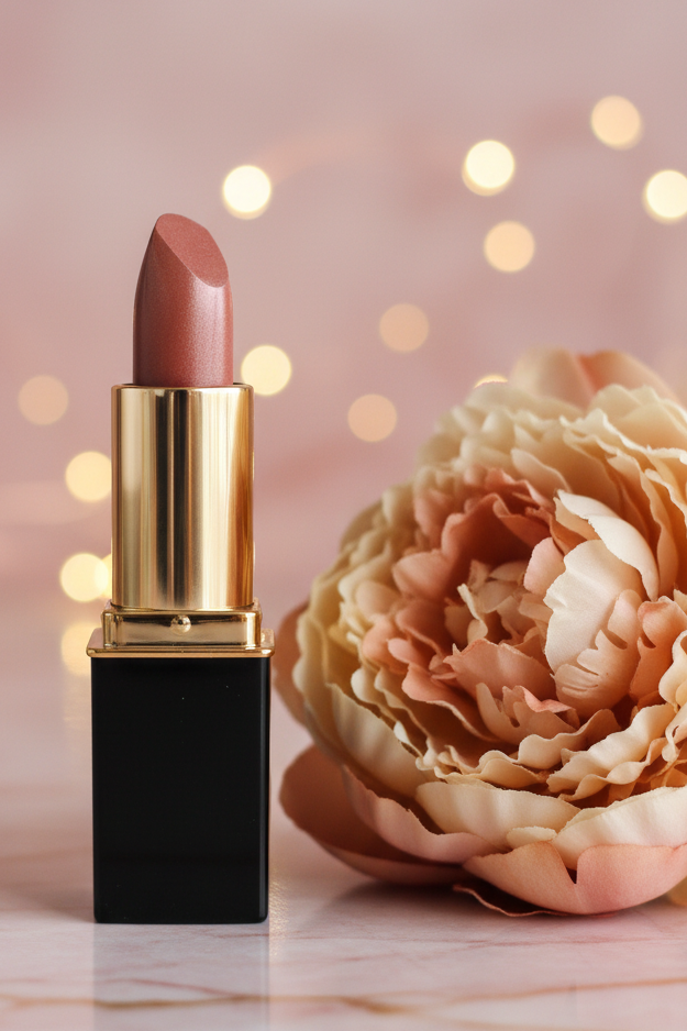 A lube of #36 Amaretto lipstick with a black and gold tube stands on a light marble surface beside a large peach flower, with soft warm bokeh lights in the background.