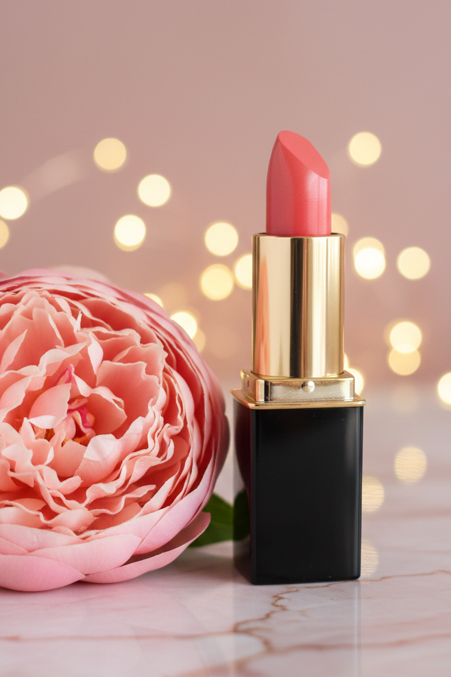 #39 L'Paige lipstick with a gold tube and black base stands on a marble surface next to a large pink flower, with warm bokeh fairy lights in the background.