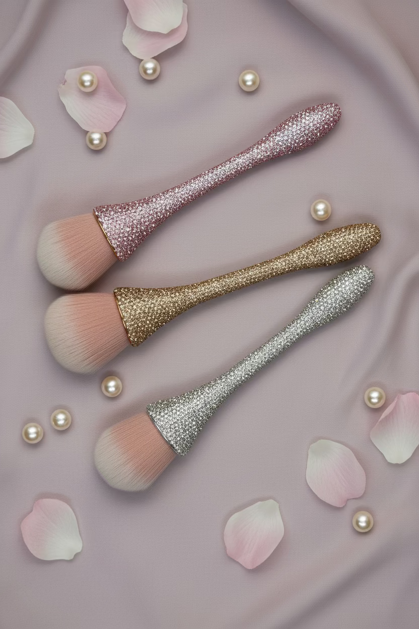 Three Crystal  Large Luxe Rhinestone Powder with pink synthetic bristles in White Crystal, Pink & White Crystal and Rose Gold Crystal 