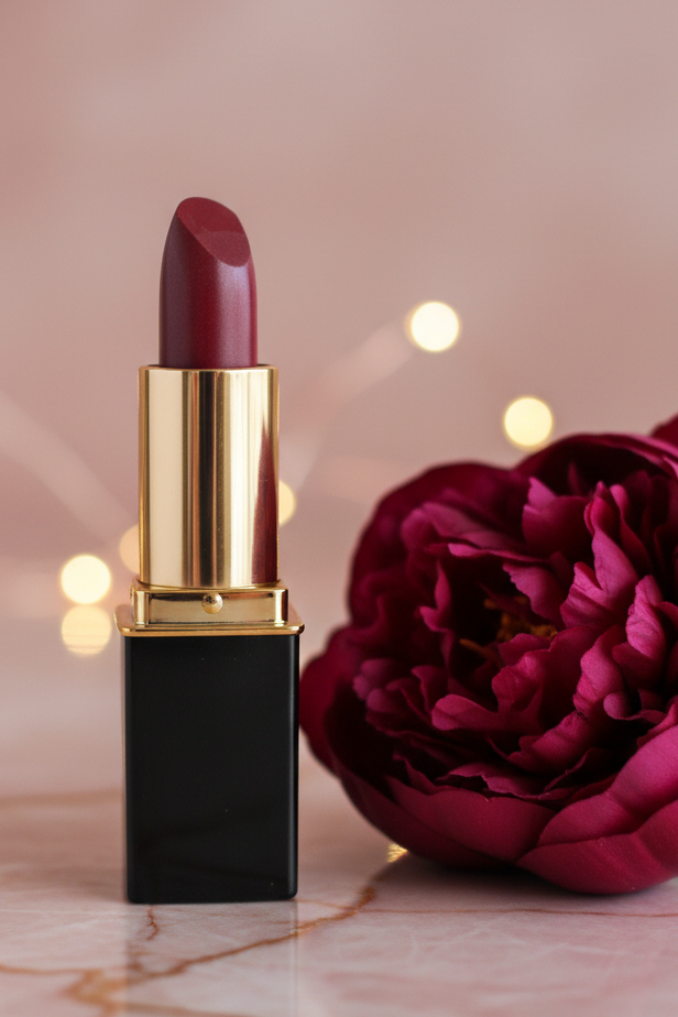 A L'Paige lipstick in color Plum Red with shiny gold collar, and black tube, standing on a marble surface next to a large dark pink peony flower against a soft pink background with warm bokeh lights.
