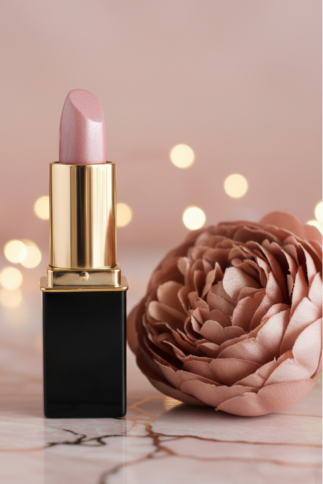 #56 Rose Gold L'Paige lipstick standing next to a large dusty rose decorative flower on a light marble surface against a soft pink background with blurred warm lights.