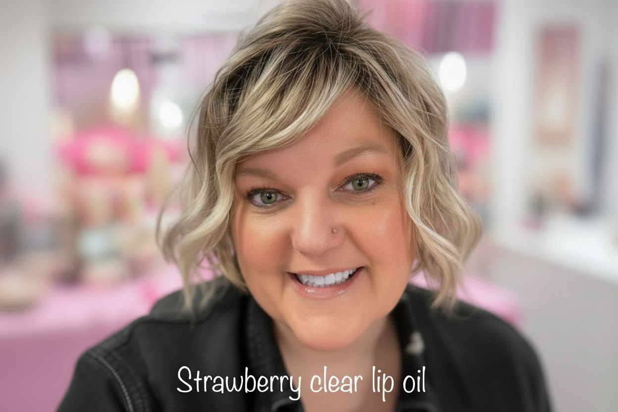 Person with blonde hair and a black top in a blurred background with 'Strawberry clear lip oil' text.