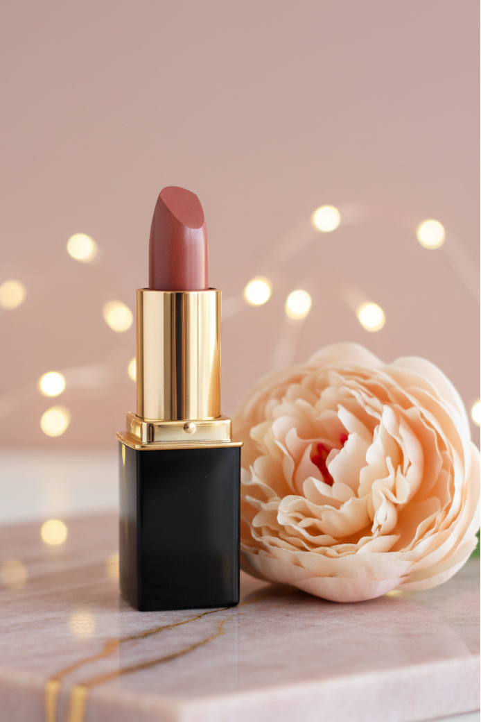 L'Paige lipstick in color #91 Fawn styled by a peach peony with bokeh fairy lights in the background