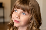 Close-up of a young girl with light brown hair and blue eyes, looking to the side.