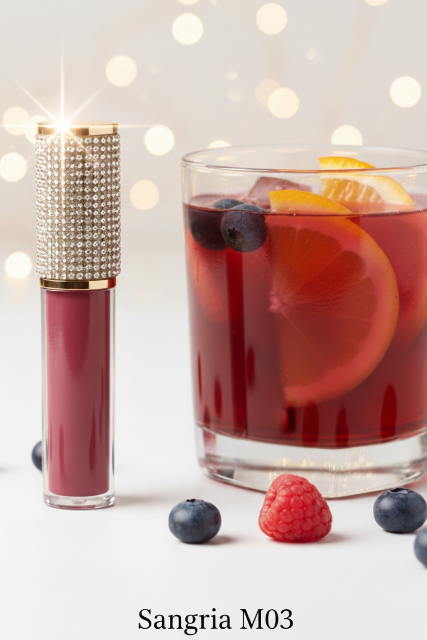 La Paz Cosmetics M03 Sangria Diamond Liquid Matte Lipstick tube with rhinestone cap beside a glass of red sangria with orange slices, raspberries, and blueberries on a white surface with warm bokeh fairy lights