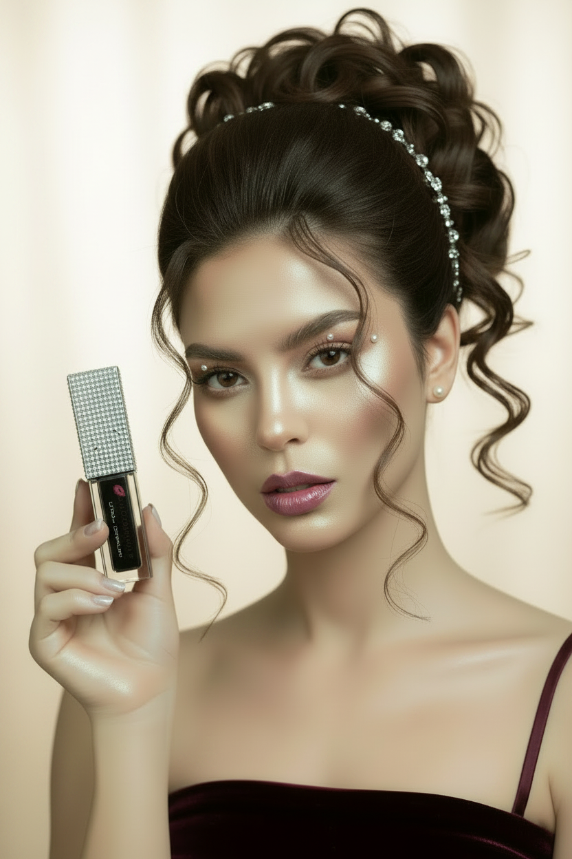 A woman with styled brown hair and a rhinestone headband holds a rhinestone-embellished Black Lip Oil tube against a plain gray studio background.
