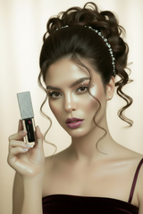 A woman with styled brown hair and a rhinestone headband holds a rhinestone-embellished Black Lip Oil tube against a plain gray studio background.