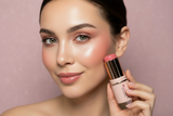Model with dark hair and green eyes applying La Paz Cosmetics Cream Blush Stick in Azalea 03 to her cheek, showing a natural rosy pink dewy flush, holding the gold and cream stick against her face on a mauve background