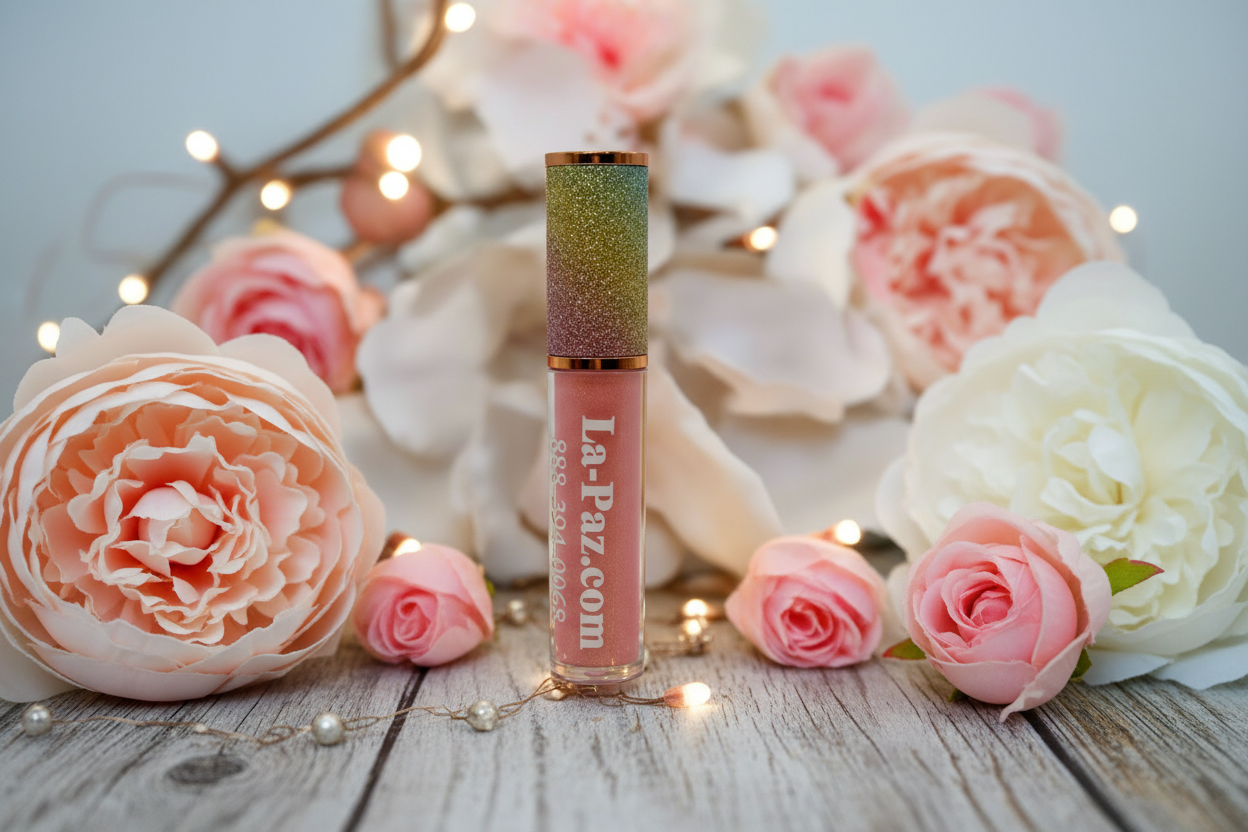 Lip gloss with glittery top and pink body on a decorative background