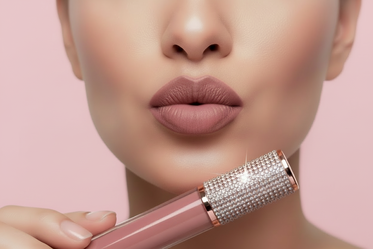 Close-up of a person holding a lip gloss with a decorative cap.