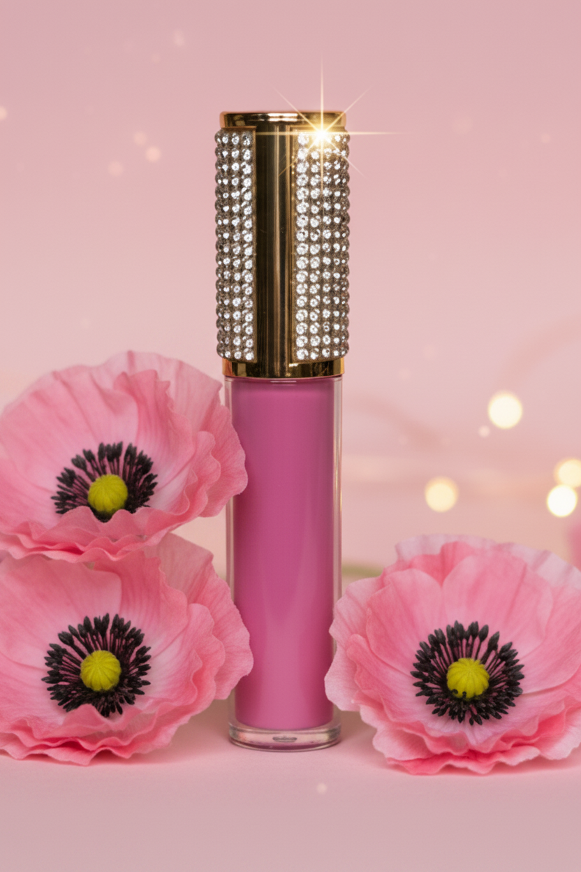 La Paz Cosmetics M07 Pink Poppy Diamond Liquid Matte Lipstick tube with rhinestone cap surrounded by pink poppy flowers on a soft pink background with warm bokeh fairy lights