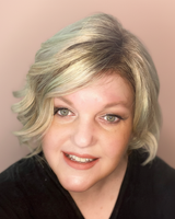 Person with styled hair against a beige background, with 'Honey Melon' lip color
