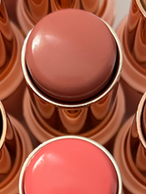 Overhead close-up of La Paz Cosmetics Cream Blush and Highlighter Sticks in gold cases, with Buttercup 04 — a soft dusty rose nude — centered among the full collection of shades