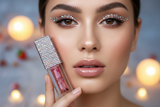 Woman holding a Strawberry lip oil with decorative packaging against a blurred background