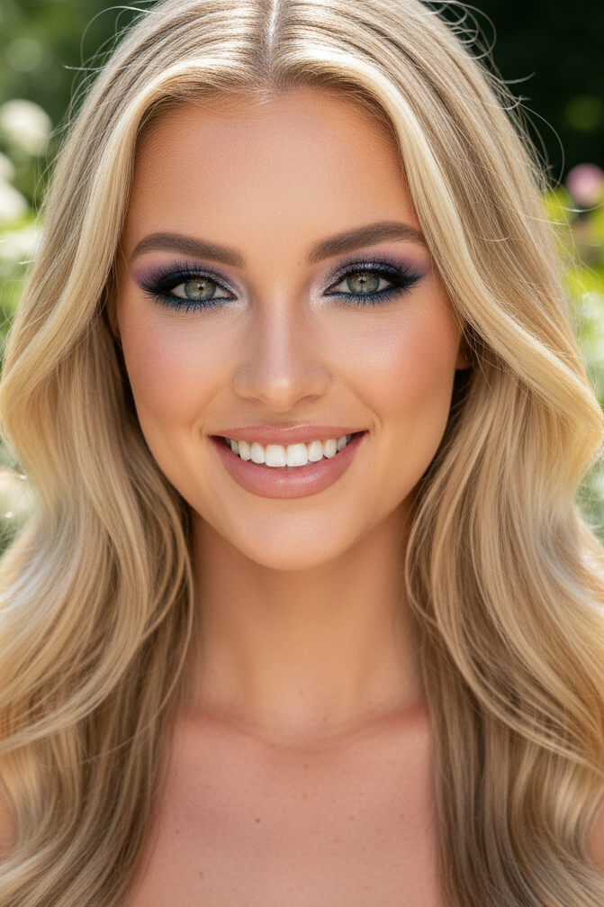 Woman with long blonde hair and makeup against a blurred natural background