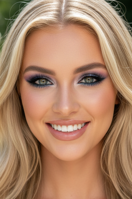 Woman with long blonde hair and wearing Mercury palette eyeshadows against a blurred natural background