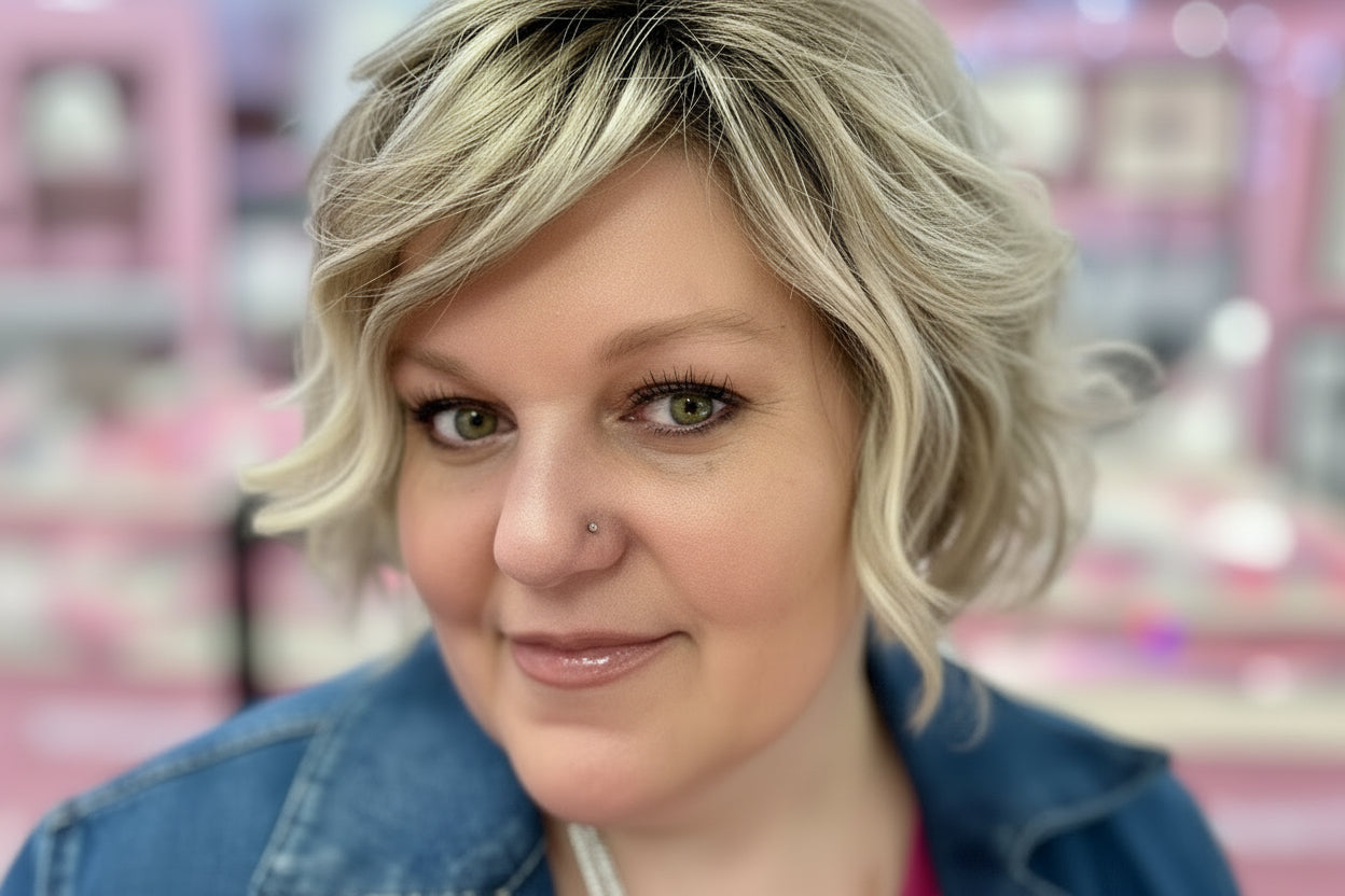 Founder wearing GiGi Glitter Lip  Oil and a denim jacket in a blurred indoor setting