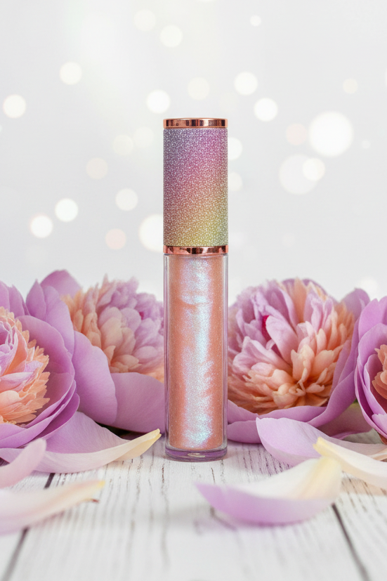 La Paz Cosmetics Moonbeam Glaze Lux Lip Gloss — iridescent lavender gloss with holographic rainbow glitter cap, styled with lavender and blush peonies on a white wood surface with bokeh lights