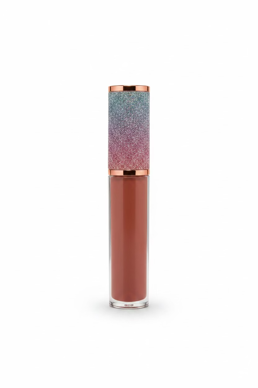 La Paz Cosmetics Cashmere Peach Lux Lip Gloss S26 — soft peachy nude gloss with holographic rainbow glitter cap on a white background