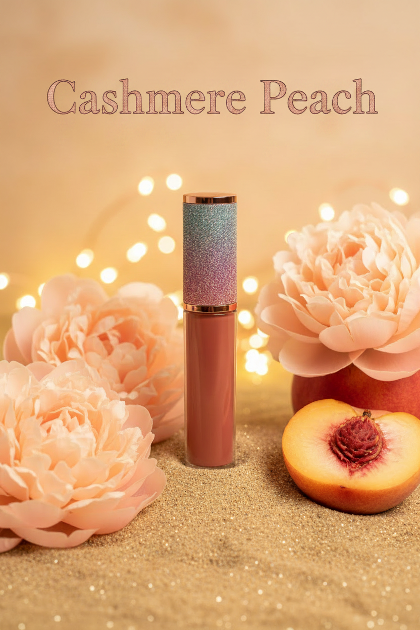 La Paz Cosmetics Cashmere Peach Lux Lip Gloss S26 — soft peachy nude gloss with holographic rainbow glitter cap, styled with blush peonies, a fresh halved peach, and warm bokeh fairy lights on a golden sand surface