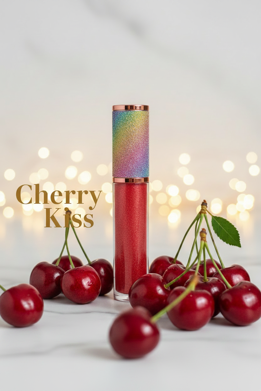La Paz Cosmetics Cherry Kiss Lux Lip Gloss S22 — cherry red gloss with holographic rainbow glitter cap surrounded by fresh red cherries on a marble surface with warm bokeh fairy lights
