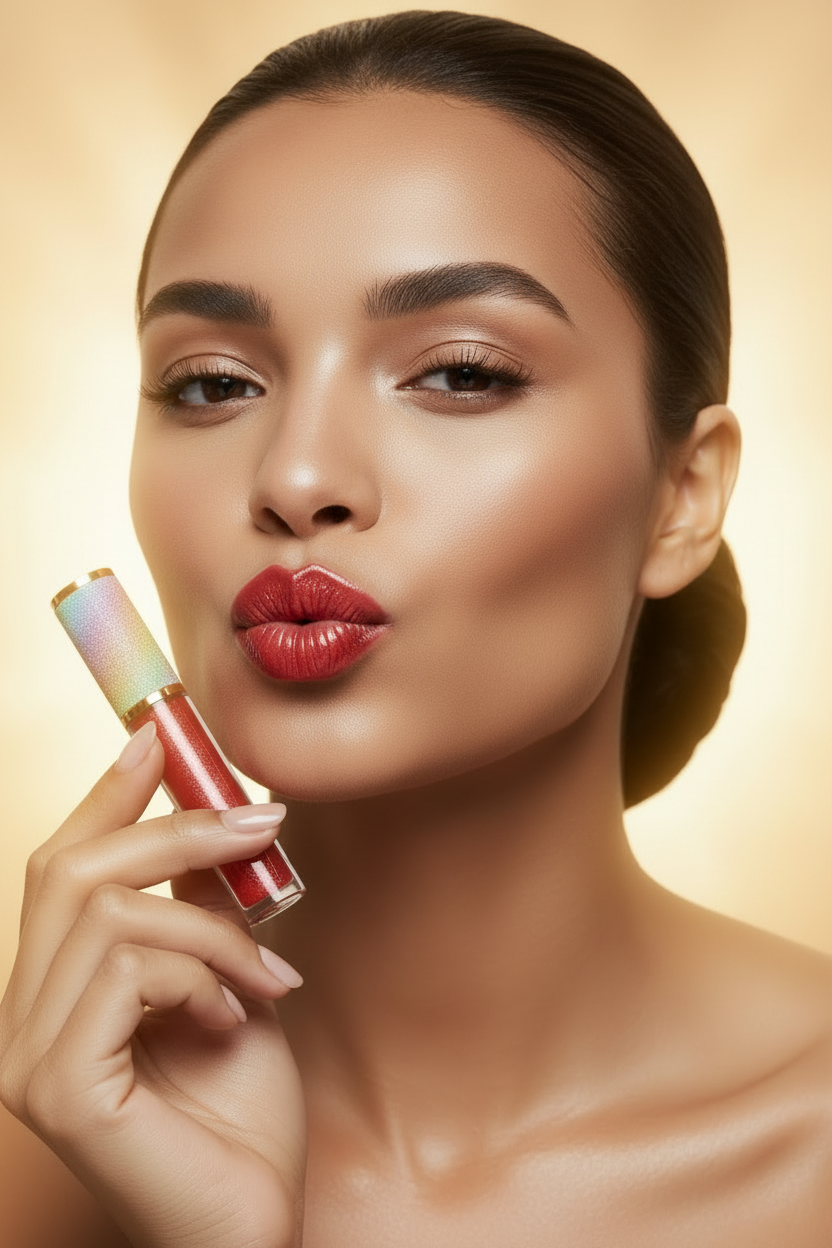 Model with medium-deep skin tone and a sleek low bun blowing a kiss, holding La Paz Cosmetics Cherry Kiss Lux Lip Gloss S22 with a vibrant cherry red shimmer finish, warm golden bokeh background — showing the universally flattering cherry red shade