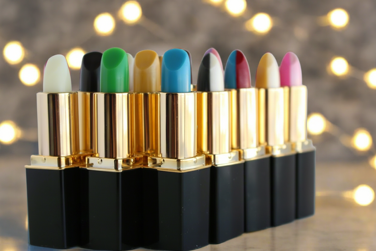 Group of colorful lipsticks by L'Paige and presented by La Paz Cosmetics.