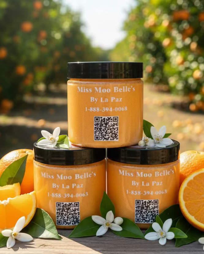 Jars of 'Miss Moo Belle' Let It Glow orange facial polish. Gentle natural citrus exfoliators clean pores and brighten skin