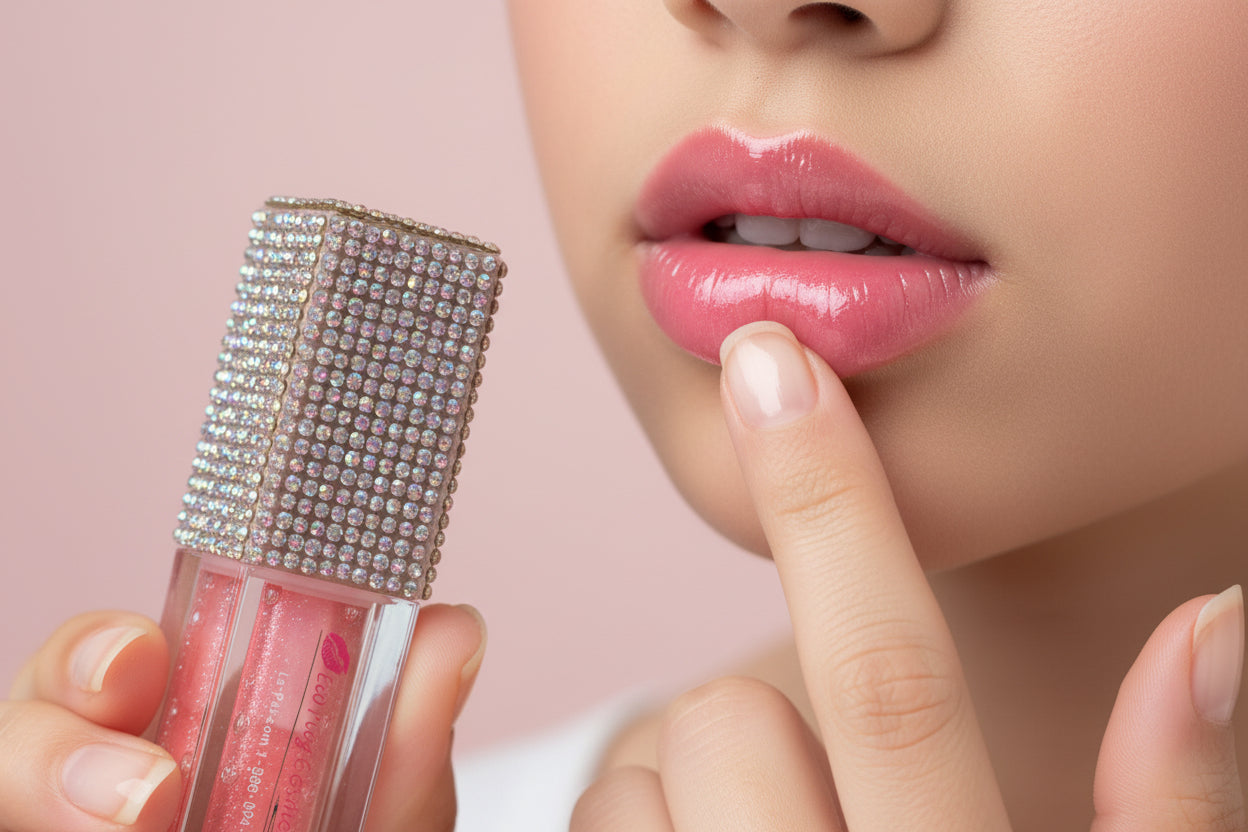 Close-up of a hand holding a Pink Me lip oil with a textured case, applied on lips.