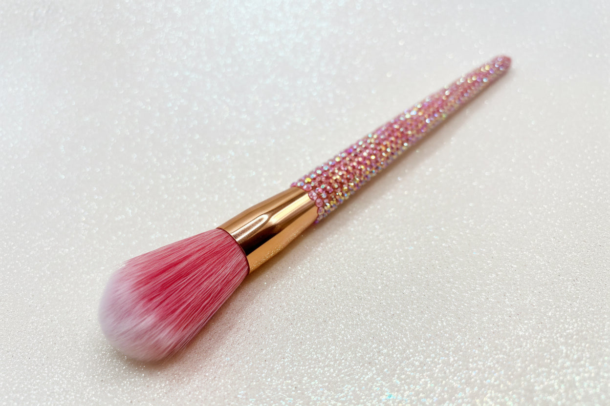 Powder Makeup brush with pink bristles and a pink rhinestone handle on a sparkly background by La Paz Cosmetics