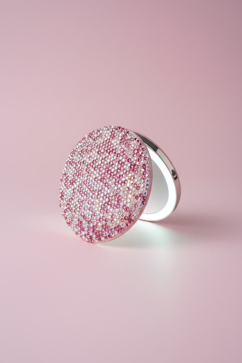 The ultimate luxury for your purse or vanity! Rechargeable LED compact mirror 1X &12X Pink &  white