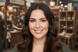 Guest at a vintage market wearing Strawberry lip oil