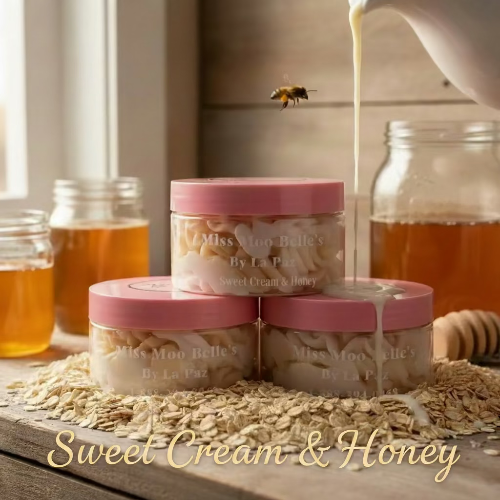 Jars of honey and containers of Sweet Cream & Honey Body Butter on a wooden surface with a bee flying over.
