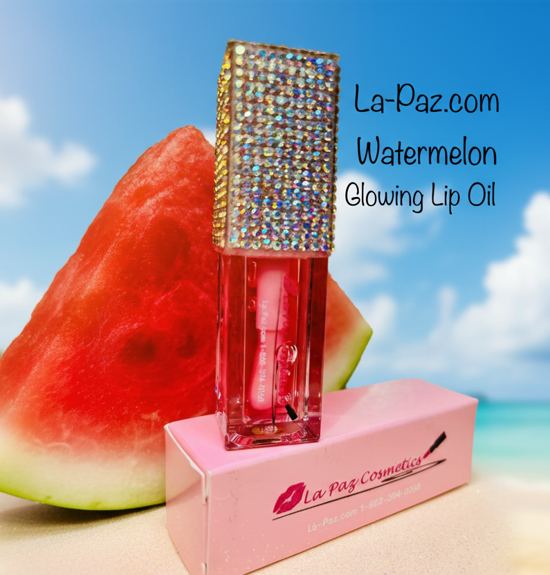 Watermelon- lip oil with packaging on a beach background