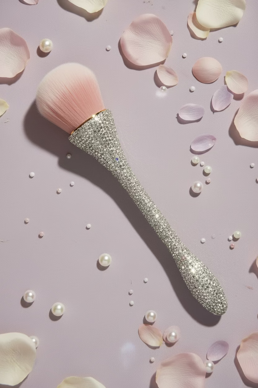 White Crystal  Large Luxe Rhinestone Powder with pink synthetic bristles