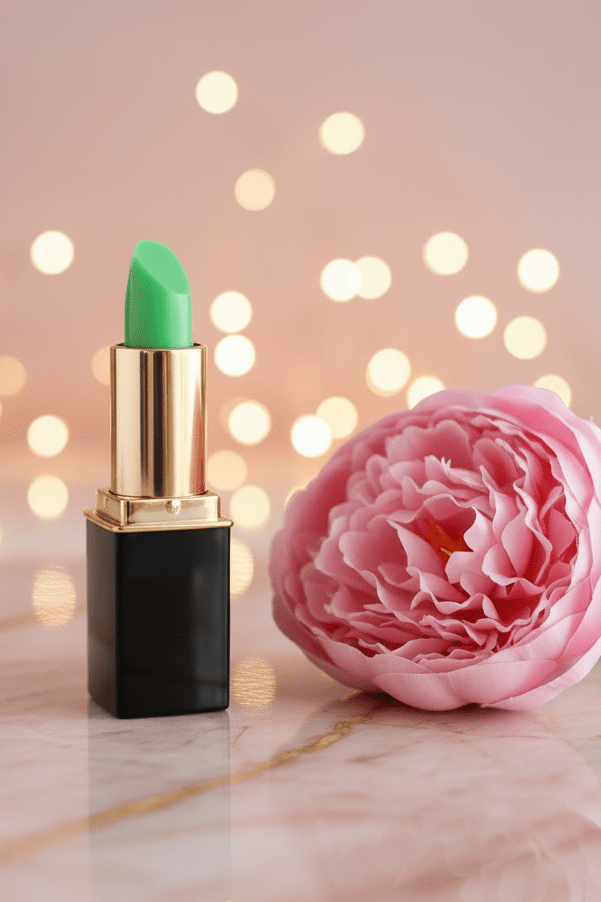 A tube of L'Paige brand green color changing lipstick styled with a pink peony blossom presented by La Paz Cosmetics